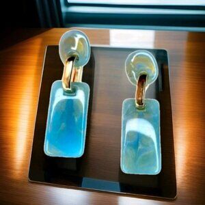 New With Tags Blue Marbled Acrylic Geometric Gold Drop Earrings